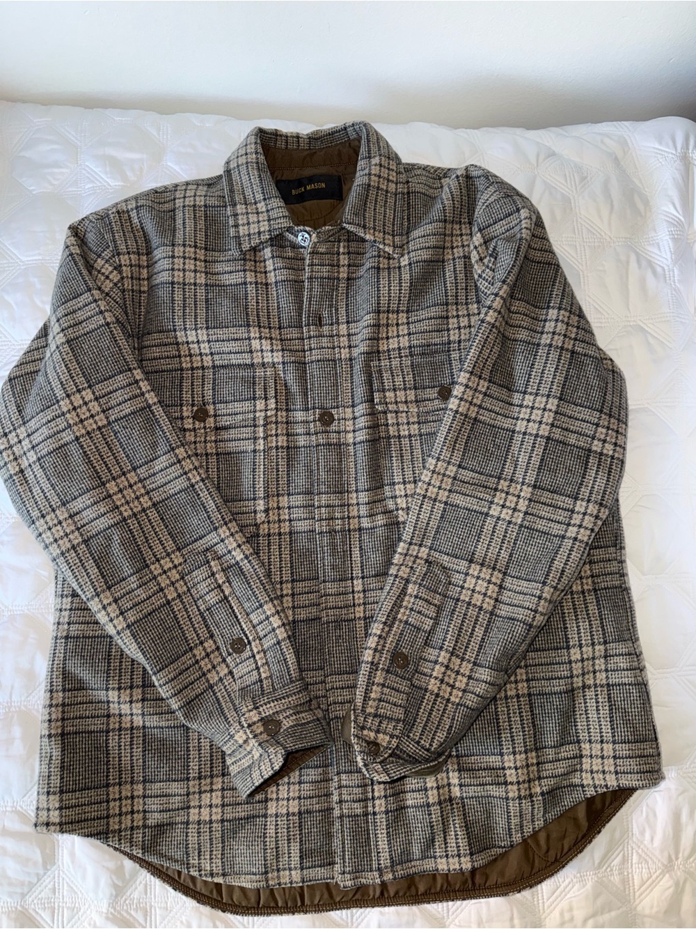 Buck Mason Plaid Quilted Shirt Jacket in Tan and Gray